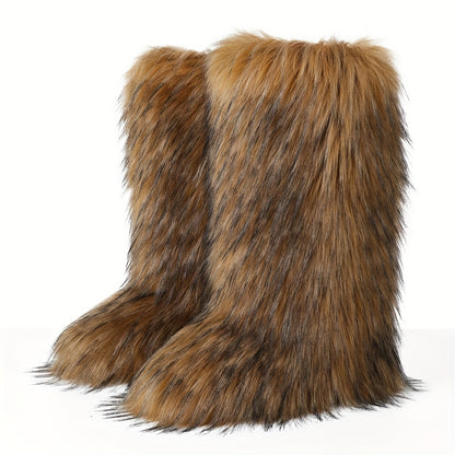 Women's Furry Fluffy Boot Faux Fur Long Snow Boot Knee High Boots Warm Comfortable Outdoor Flat Shoes, Women Shoes