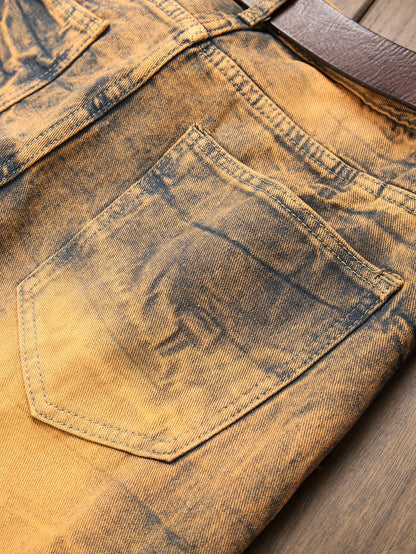 Fashion Trends Stacked Multi-post Fabric Tassels Holes Irregular Tie Flower Splashed Ink Jeans Casual Men's Trousers
