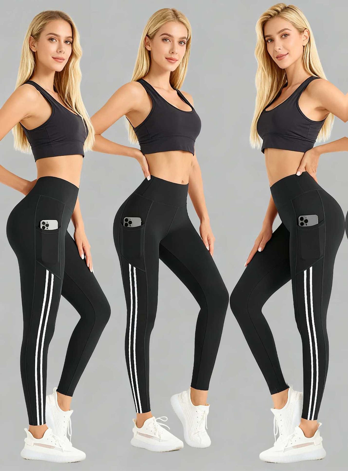 2pcs Set High-Waisted Yoga Leggings, Double-Stripe Design with Pockets, Ultra-Stretch, Comfortable & Machine Washable, Yoga & Fitness Workouts, All-Season Wear | Fashion Activewear | High-Stretch Fabric