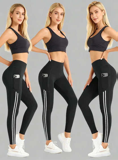 2pcs Set High-Waisted Yoga Leggings, Double-Stripe Design with Pockets, Ultra-Stretch, Comfortable & Machine Washable, Yoga & Fitness Workouts, All-Season Wear | Fashion Activewear | High-Stretch Fabric