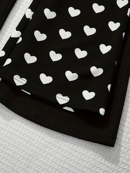 2pcs Girls' Heart Print & Solid Black Flare Leg Pants - Stretchable Bell-Bottom Trousers with Heart Patterns, Machine Washable Suitable for Outdoor Play, Dance, Gym, Casual Wear, All-Season for Aged 3+, Perfect for Outdoor