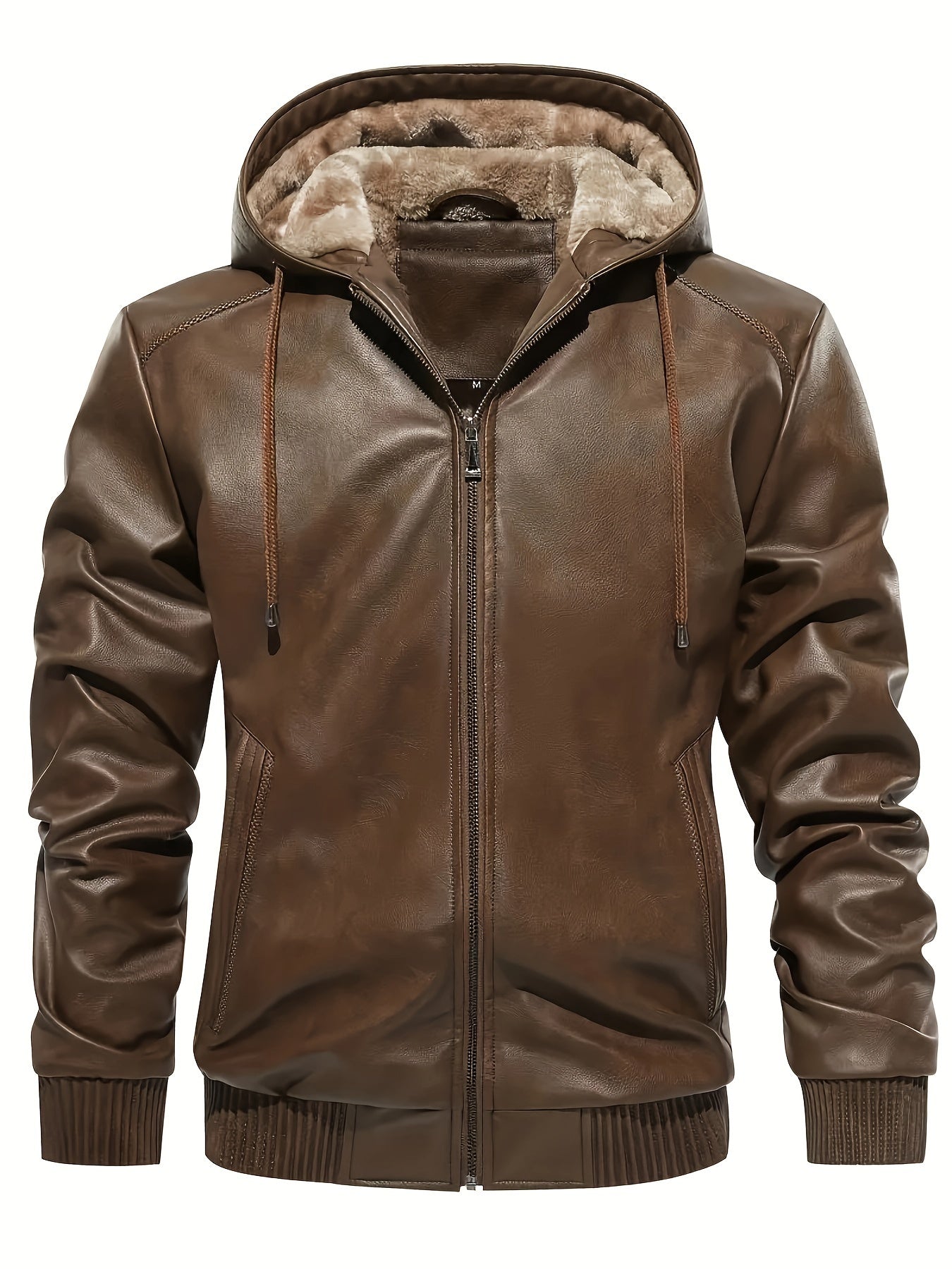Men's Solid Color PU Faux-Leather Hooded Jackets, Trendy Thick Jacket for Spring Autumn
