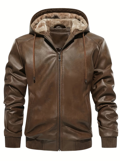 Men's Solid Color PU Faux-Leather Hooded Jackets, Trendy Thick Jacket for Spring Autumn