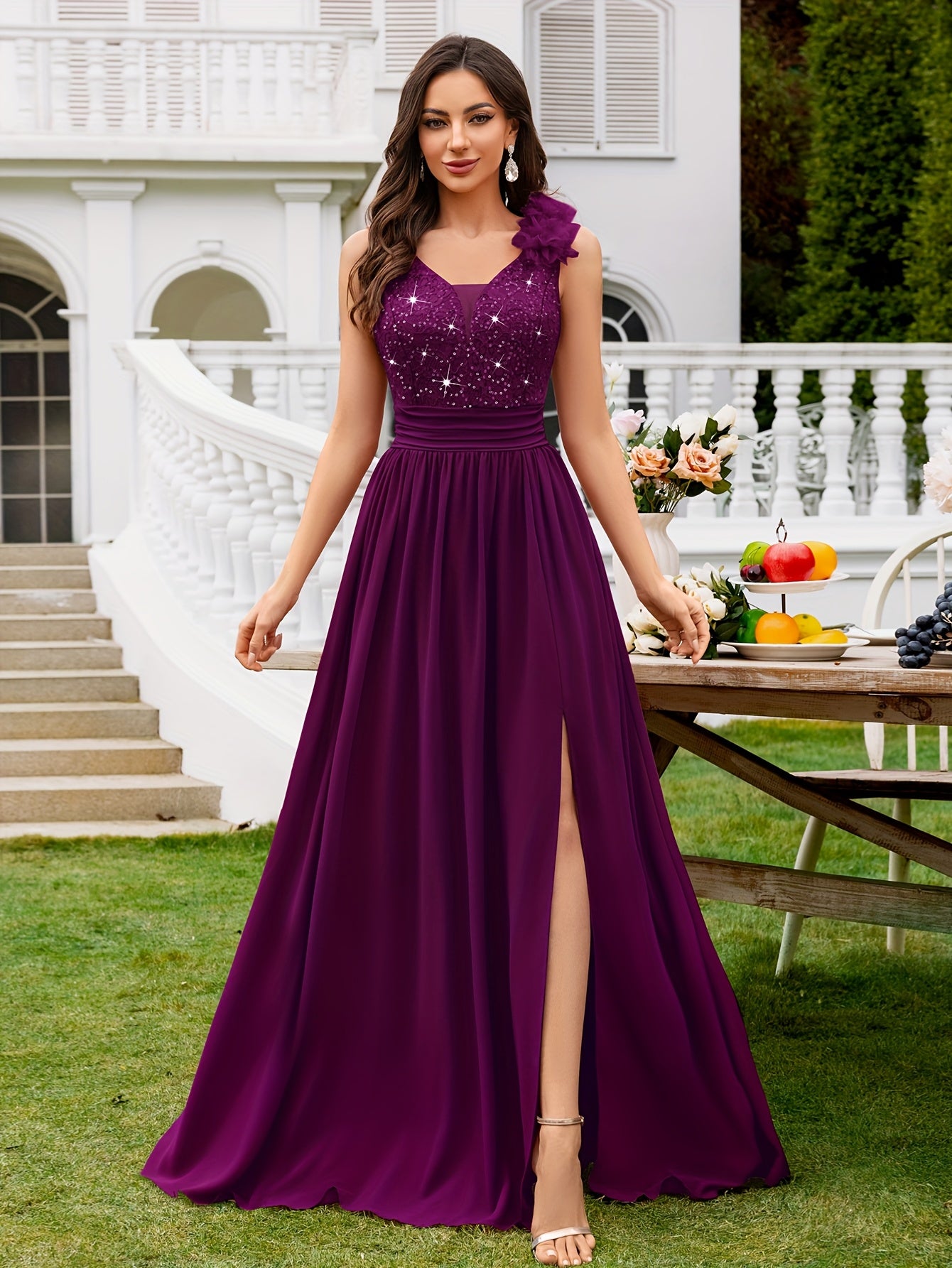 24451A Elegant Womens Mesh Deep V Neck Sequin Lace Maxi Dress, Sleeveless Applique Shoulder, Back V Neck, Ruched A Line Waist, High Thigh Slit Hem, Perfect For Formal Wedding Guest, Prom, Bridesmaid Party, Graduation Season, Wedding Season