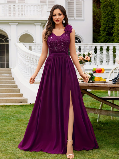 24451A Elegant Womens Mesh Deep V Neck Sequin Lace Maxi Dress, Sleeveless Applique Shoulder, Back V Neck, Ruched A Line Waist, High Thigh Slit Hem, Perfect For Formal Wedding Guest, Prom, Bridesmaid Party, Graduation Season, Wedding Season