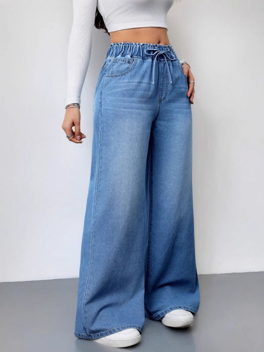 High-Waisted Wide-Leg Jeans, Super Charming Elastic Waist Thin Pants, Solid Color Washed, 2025 Autumn and Winter New