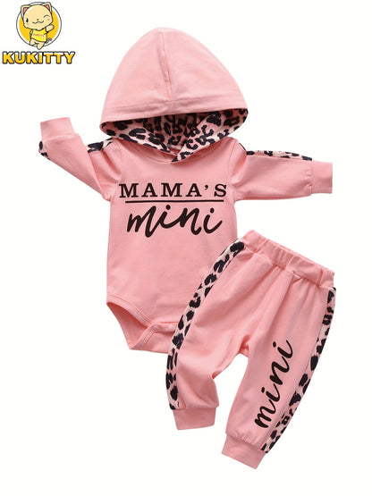 KuKitty Infant Baby Girl Clothes Set Long Sleeve "Mama's Mini" Print Pullover Sports Hooded Tops and Leopard Pants Outfits Set