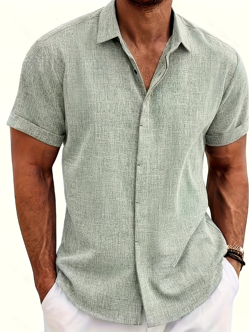 Men's Solid Color Shirt - Collared Short Sleeve 001061