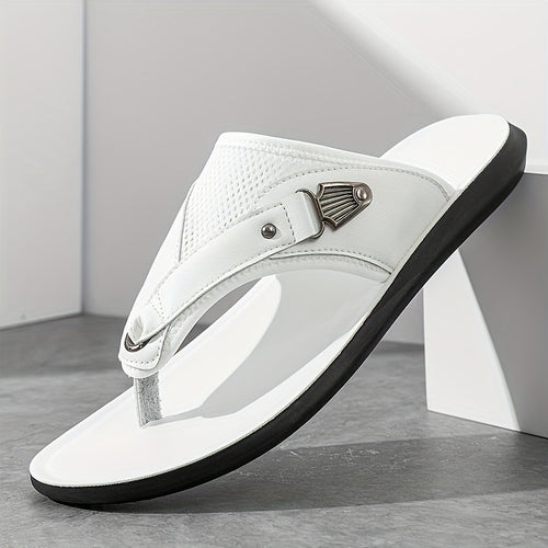 Men's Faux & Mesh Flip Flops - Toe Post Design with Metal Accent & Breathable Panels, Lightweight Comfort Footwear for Daily Casual, Beach & Poolside Wear