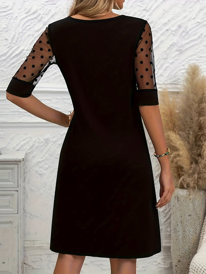 Women's solid color round neck slim dress, half sleeves - lace stitching, elegant style, polyester fiber, comfortable to wear in spring, summer and autumn