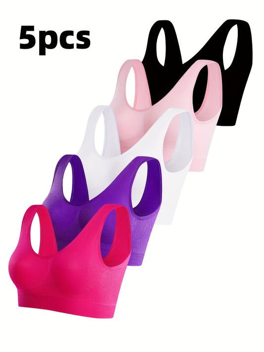 5 Solid Seamless Sports Bras, Comfortable And Breathable Bras, Women's Underwear And Suspenders