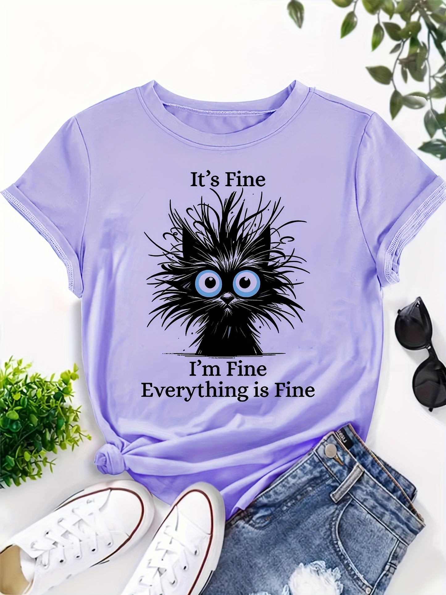 Whimsical "It's Okay, I'm Fine, Everything's Fine" Women's Cat Print T-shirt - Light Blue, Casual Version, Round Neck, Short Sleeve, Polyester, Machine Washable