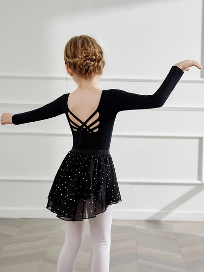 Girls' 2pcs Ballet Leotards Long Sleeve Cross-Back Dance Leotard with Detachable Shiny Skirt, Stretchy Polyester Dance Dress for Parties, Birthdays & Sports Events, Perfect for Outdoor, All Seasons, Gift for Back-to-School Season, Beach Essentials