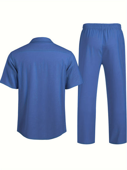 Men 2pcs Linen Outfit Beach Button- Shirt Casual Loose Pant Sets