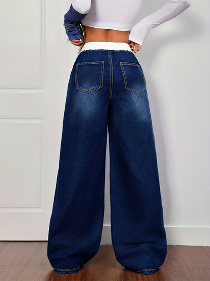 Women's Plus Size Blue Denim Pants - Whisker Details, Panel, Elastic Waist with Drawstring, Wide-Leg | High-Waisted, Slim-Fitting & Figure-Flattering | Retro Street & Casual Sporty Style | Versatile for All Seasons