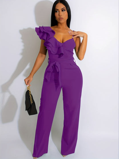 Womens Casual 1pc Jumpsuits V-Neck Sleeveless Ruffle Elegant Romper Wide Leg Pant Sexy Party Clubwear Overalls