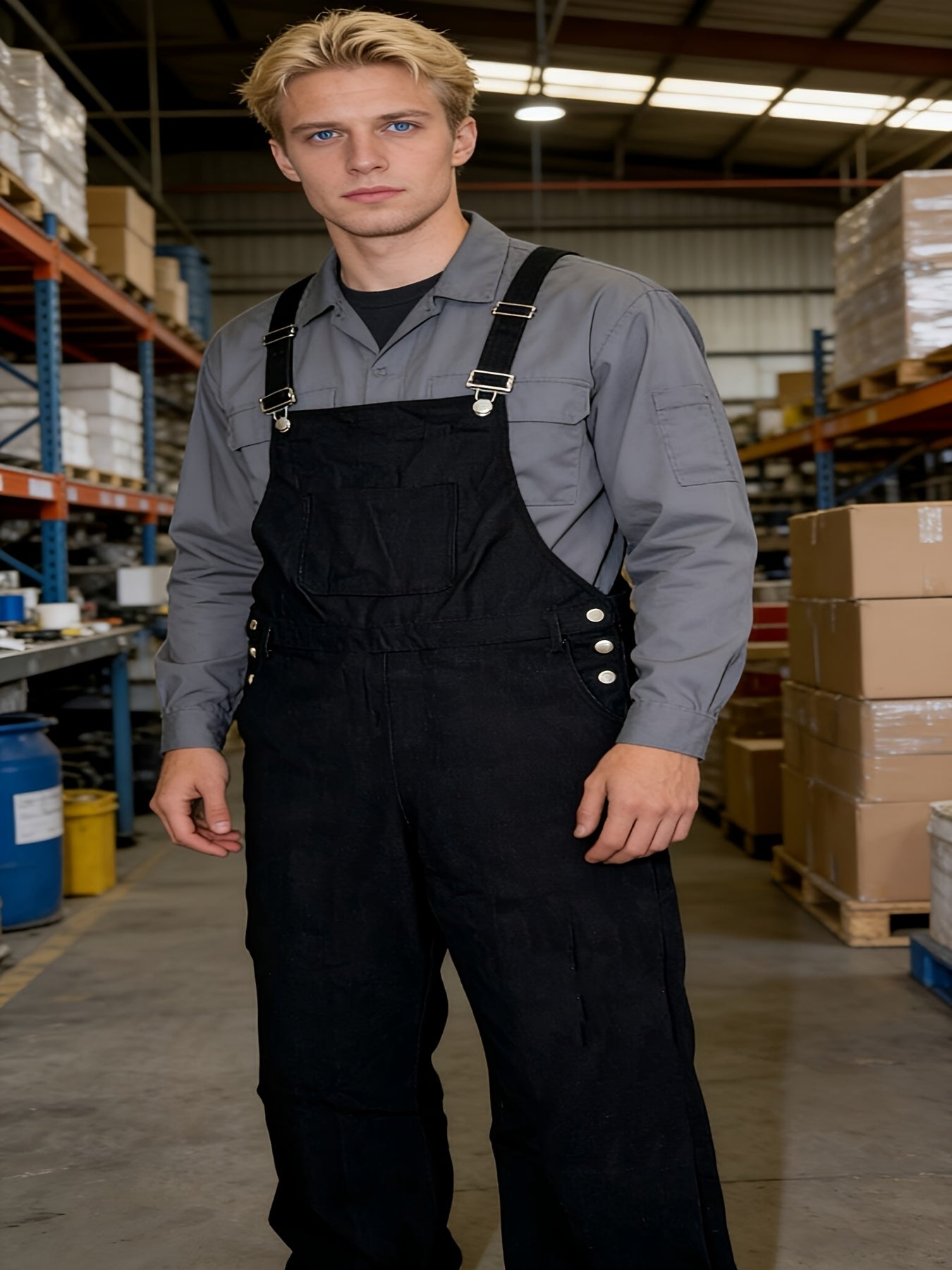 Plus-size Men's Loose-fitting Overalls, Suitable for Plus-size Men. Adjustable Straps, Durable Black Fabric, Suitable for Work And Outdoor Wear., PLUS SIZE