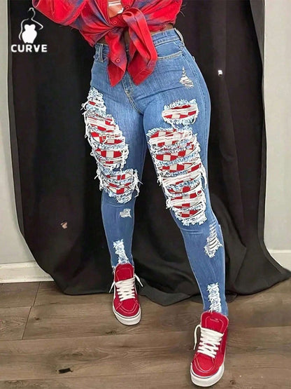 Women's Skinny Jeans - Medium Blue Distressed