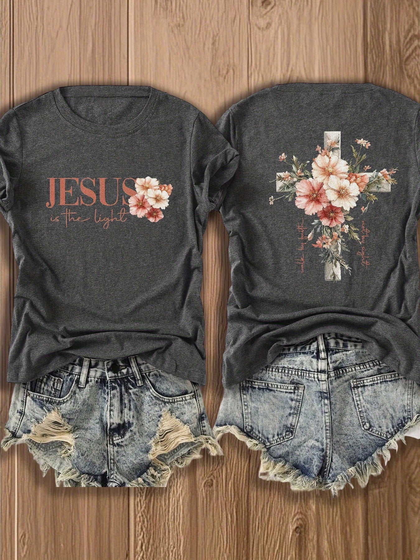 Jesus Floral Cross Double-Sided Print T-shirt - Stylish Faith-Inspired Design for Casual Wear, Perfect for Christian Women, Trendy and Comfortable -blend T-shirt with Double-sided Print