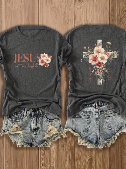 Jesus Floral Cross Double-Sided Print T-shirt - Stylish Faith-Inspired Design for Casual Wear, Perfect for Christian Women, Trendy and Comfortable -blend T-shirt with Double-sided Print