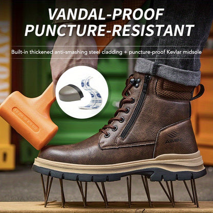 Men's Work Safety Boots - High-top Design with Steel Toe Protection - Impact-resistant, Puncture-resistant, Slip-resistant, And Wear-resistant. Ideal for Construction, Factory, Warehouse Operations, Industrial Settings, And Outdoor Labor.