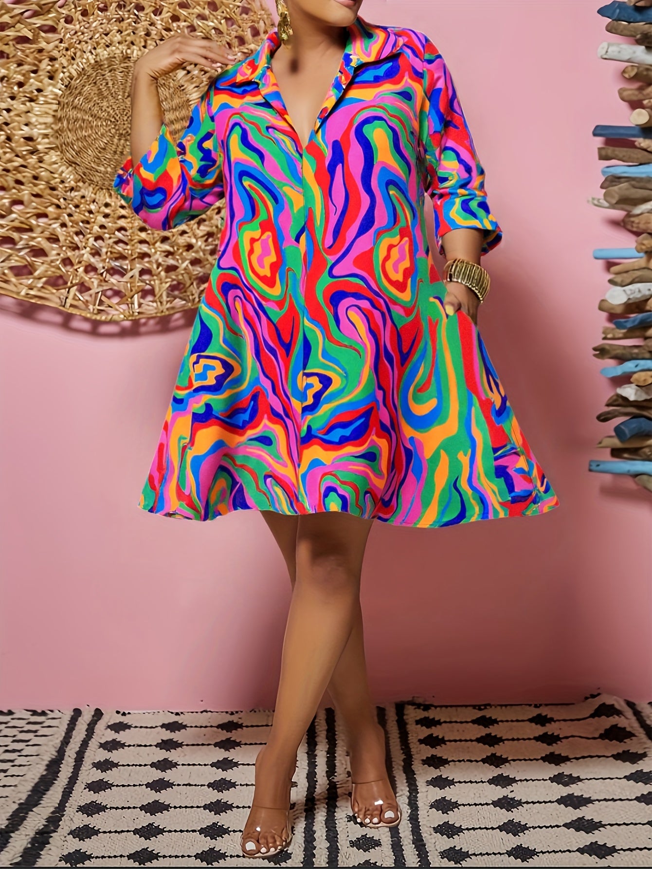 Plus Size - Plus Size - Spring, Summer And Autumn Casual Shirt Dress, Multi-Color Printed, V-Neck Lapel, Knee-Length, Long-Sleeved, Elegant Vacation, Plate-Size Ladies' Dress