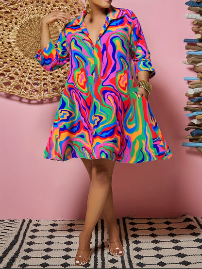 Plus Size - Plus Size - Spring, Summer And Autumn Casual Shirt Dress, Multi-Color Printed, V-Neck Lapel, Knee-Length, Long-Sleeved, Elegant Vacation, Plate-Size Ladies' Dress
