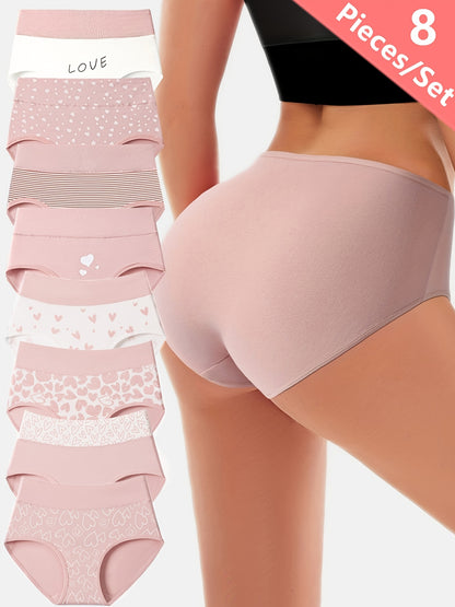 8pcs High-Waist Women's Tummy Control Panties, Breathable Comfort Fit with Heart Print Briefs, Valentine's Day Gift