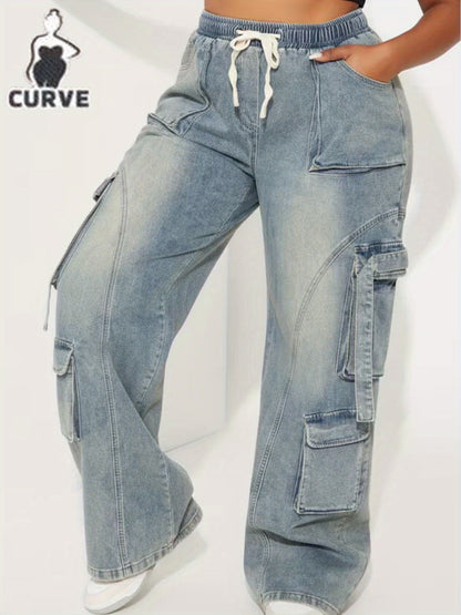 Large Sized Multi Pocket Waist And Headband with Elastic Drawstring Denim Workwear Pants