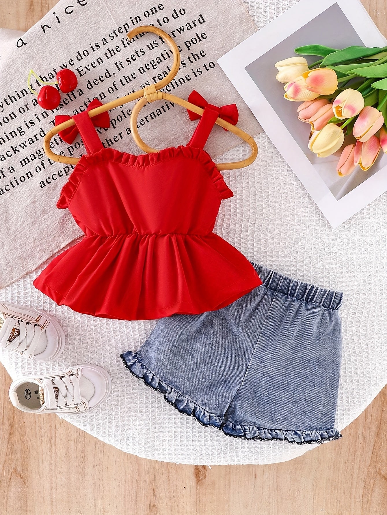 2pcs Baby Girl Summer Outfit Set, 3D Bow Ruffle Peplum Camisole Top, Cherry Embroidered Denim Shorts, Toddler Infant Girls Casual Outfit for Outdoor Sports, Travel & Photo Shooting, 1 Set Random Shipment