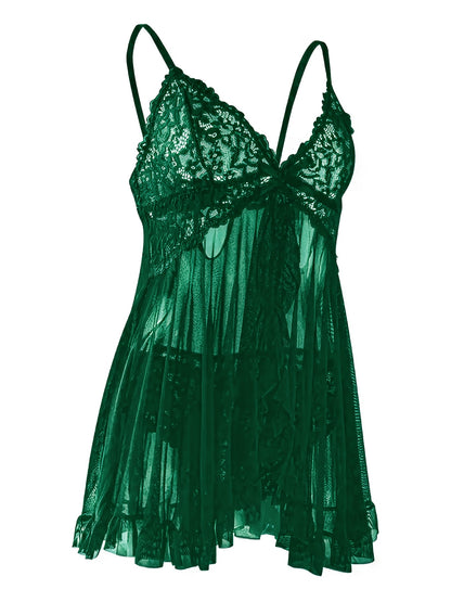 Big Size Sultry Valentine Lace Sleepwear Dress Set - Exquisite Lace, Flattering V-Neckline, Daring Backless Design, Delicate Ruffle Trim, Trendy Split Hem, Seductive Thong Detail, Ultra-Comfortable Fabric, Perfect For Romantic Night, Anniversary Gift