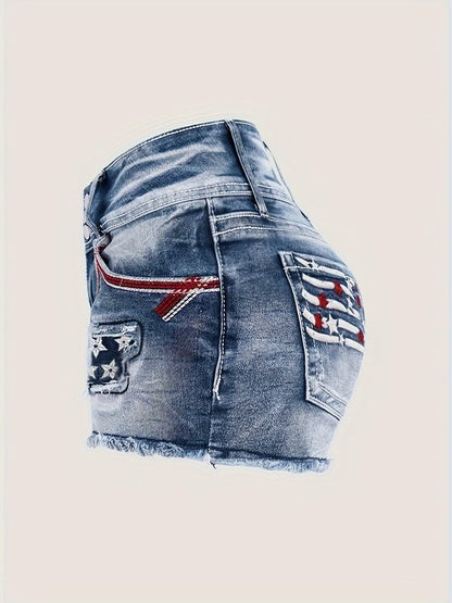 Women's High-Elasticity Embroidered Distressed Denim Shorts - Casual Stretch Fit with Raw Hem, Star Pattern & Patchwork Details, Machine Washable Spring/Summer Shorts, Summer Casualwear, Highelasticity Fabric, Embroidered Details