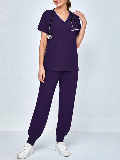 2pcs Set Of Top And Pants, Women's V-neck Frosted Breathable Pocket S Uniform, Brushed Hand Clothes, Work Clothes, Hand Washing Clothes, Pocket Clothes, Leg Binding Pants Set