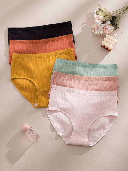 6pcs, Women'S Ribbed Underwear, Soft And Breathable Mid Waist Triangle Pants, Multiple Colors, High Waist Solid Color Simple Women'S Underwear, Breathable And Elastic Close Fitting Women'S Underwear