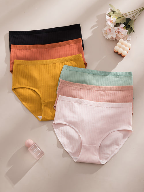 6pcs, Women'S Ribbed Underwear, Soft And Breathable Mid Waist Triangle Pants, Multiple Colors, High Waist Solid Color Simple Women'S Underwear, Breathable And Elastic Close Fitting Women'S Underwear