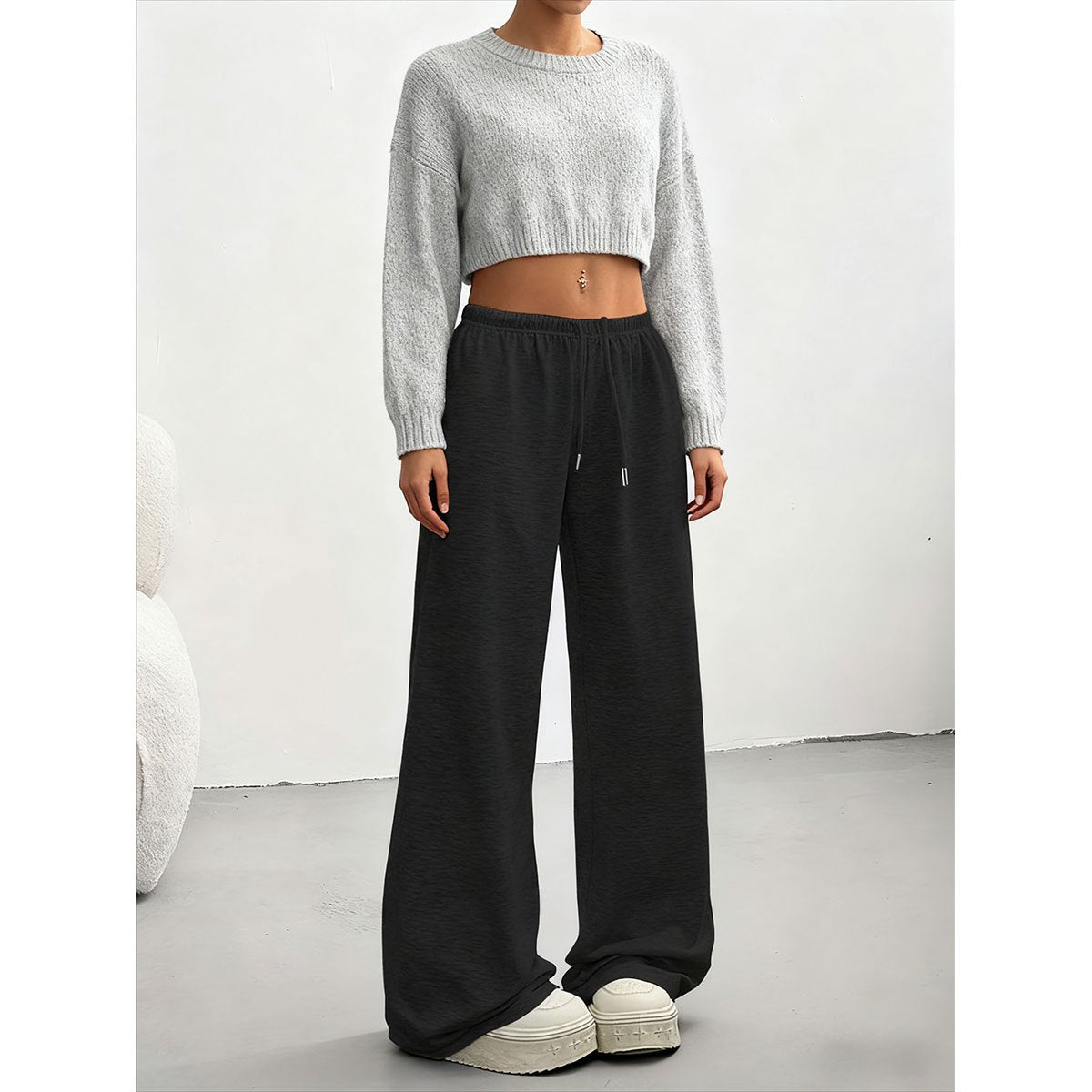 2pcs Women's Casual Wide-leg Pants with Elastic Waistband and Pockets - Elastic, Loose-fitting, Solid Color (black and Gray), Suitable for All Seasons, Comfortable Clothing | Loose Pants | Medium Elastic, Women's Jogging Pants/ Sweatpants/ Training
