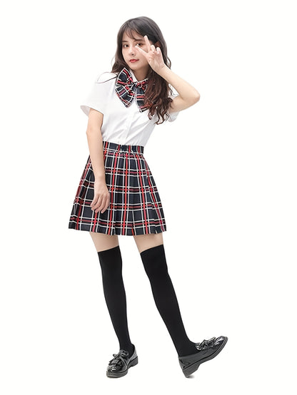 [5pcs Cosplay Costume Set] 5pcs Women's Japanese Uniform Cosplay Costume Set - Plaid Bow Tie, Asymmetrical Japanese Anime Outfit with Matching Attire (Full 5pcs Ensemble)