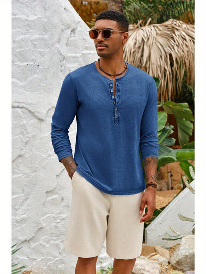 Men'S Distressed Henley Shirts with Front Placket, Retro Long Sleeve T-Shirts, Casual Button- Washed T-Shirts for Men