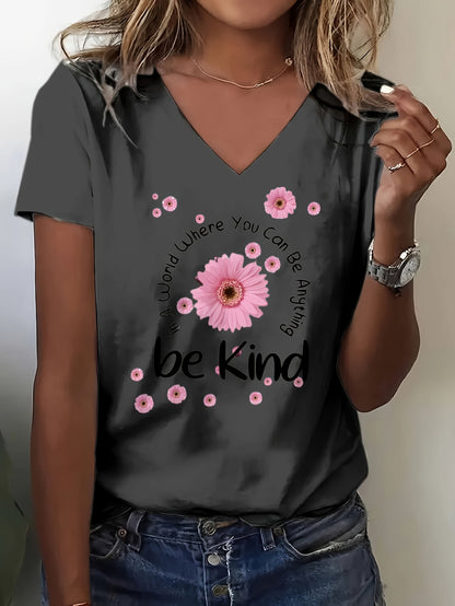 Casual Artistic Printed T-Shirt, Very Suitable for Home Use, Going Out, Or As a Gift|Ideal for Birthday Gifts, Valentine'S Day, Etc. Women'S V-Neck Short Sleeve Top with Flowers And "Be Kind" Text Combination, Conveying Positive Energy