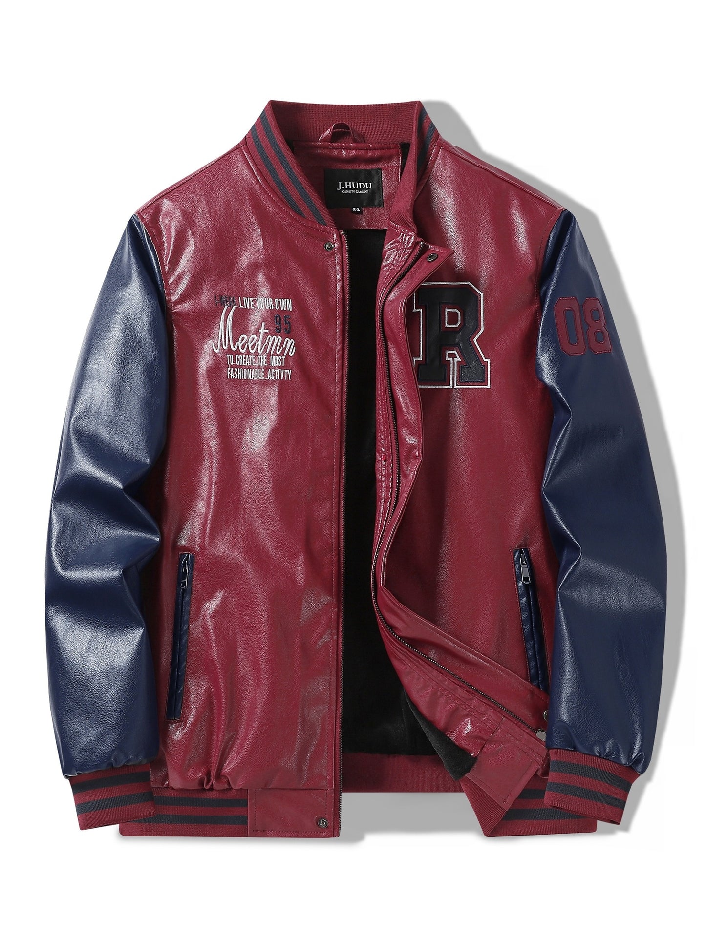 Plus Size Men'S Letter "R" Print PU Jacket for Spring/Autumn, Oversized Punk Raglan Baseball Jacket for Big & Tall Males, Men'S Clothing