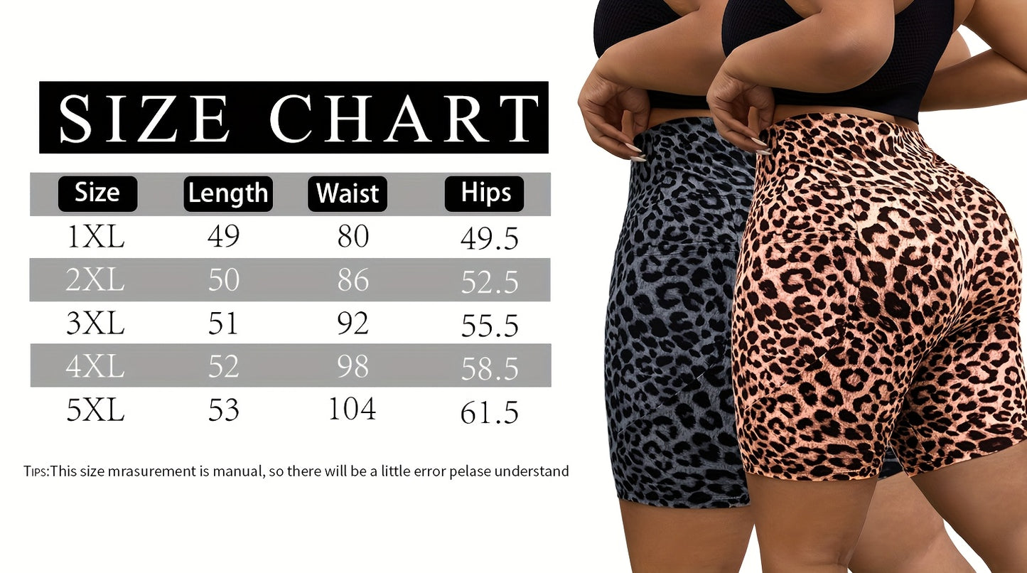 PLUS Size High Waist Leopard Print Sport Shorts With Side Pocket - Spring Summer New Arrivals