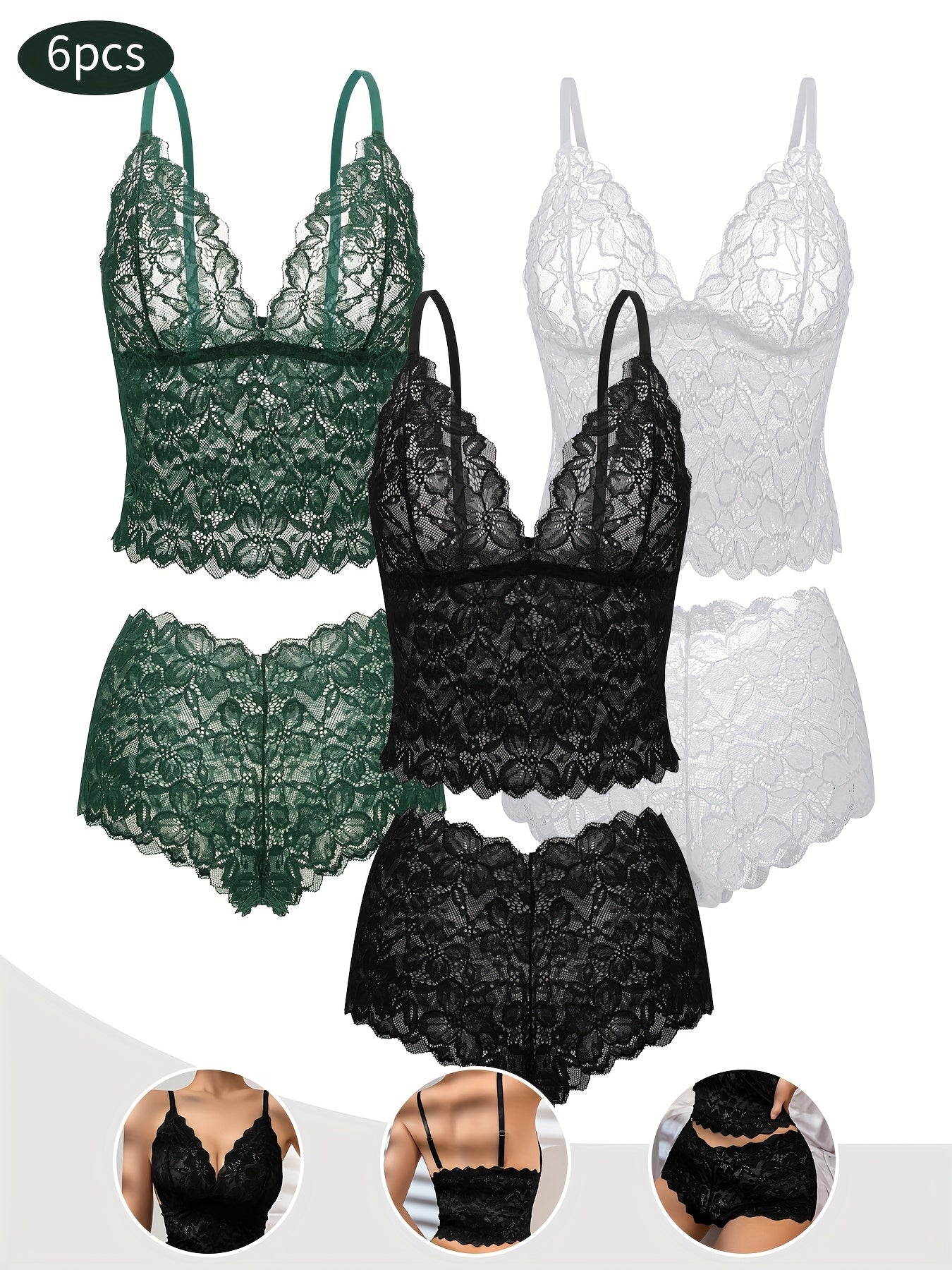 6pcs Women's Sexy Transparent Floral Lace Pajama Lingerie Set High Waisted Pajamas Breathable Sexy Erotic Bra And Panties Six Piece Pajama Set, All The Romantic Style!,