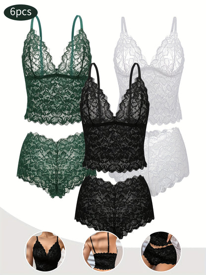 6pcs Women's Sexy Transparent Floral Lace Pajama Lingerie Set High Waisted Pajamas Breathable Sexy Erotic Bra And Panties Six Piece Pajama Set, All The Romantic Style!,