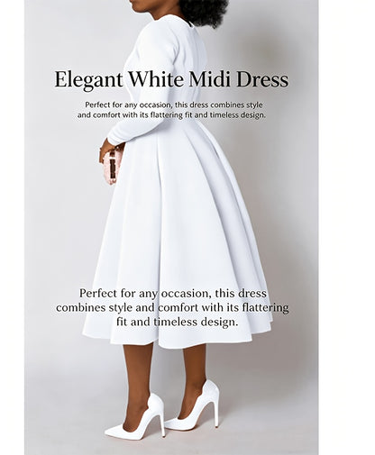 Plus Size - Plus Size Women'S Solid Color Round Neck Long Sleeve Back Pleated Flared Dress Autumn And Winter Elegant Long Dress
