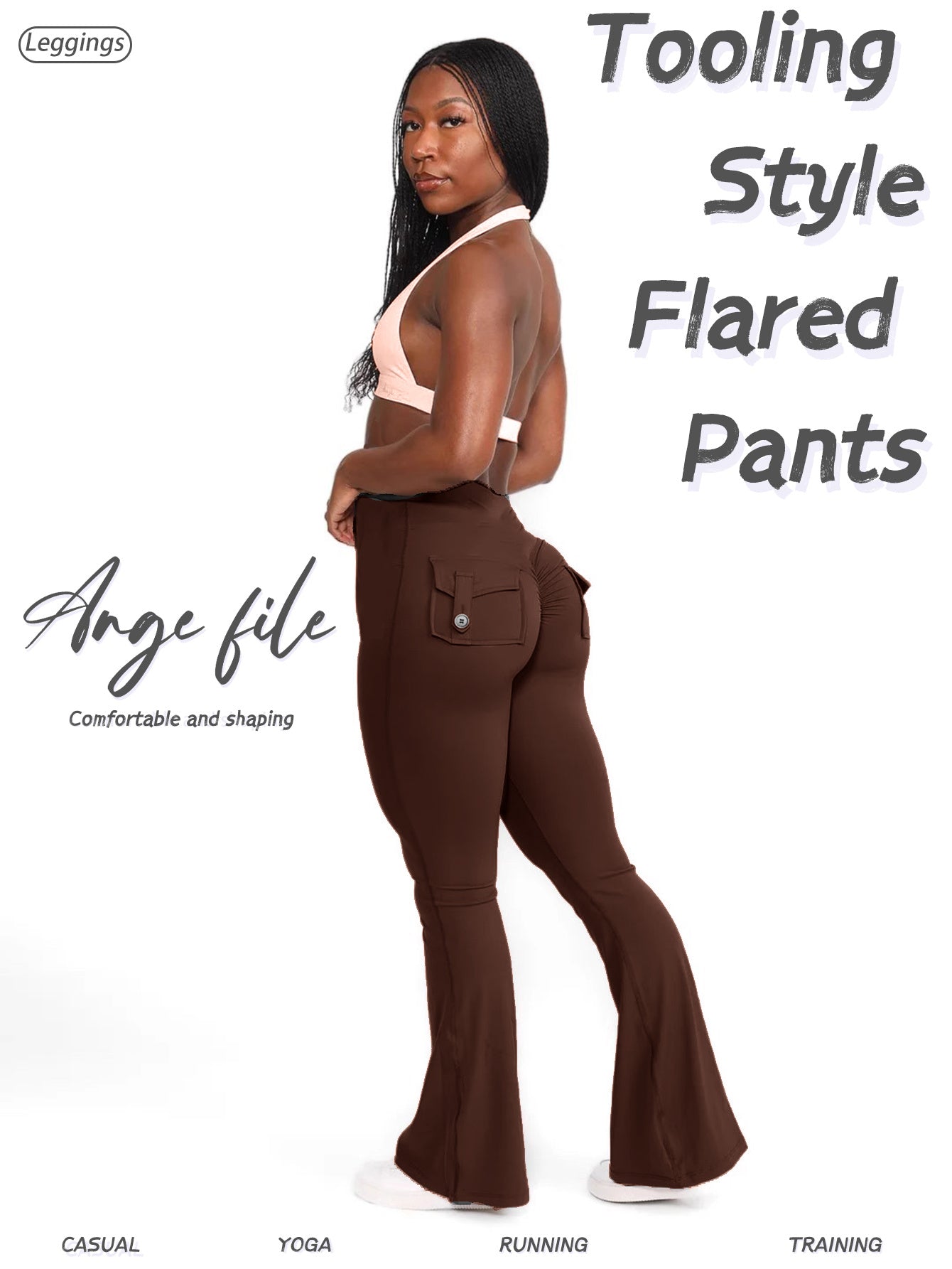 FOEIERAA 1pc Fashion Workwear Style Flare Pants, Women's Casual Flare Pants, High-Waist Pocket Joggers, Workwear Style Peach Butt Yoga Pants, Quick-Dry Tummy Control Butt Lifting Sexy Long Pants, Flare Leggings