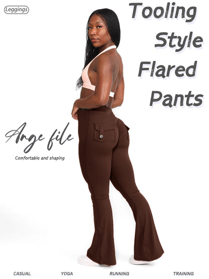 FOEIERAA 1pc Fashion Workwear Style Flare Pants, Women's Casual Flare Pants, High-Waist Pocket Joggers, Workwear Style Peach Butt Yoga Pants, Quick-Dry Tummy Control Butt Lifting Sexy Long Pants, Flare Leggings