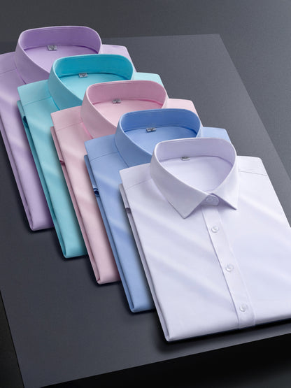 5pcs Men's Stretch Long Sleeve Dress Shirts - Solid Color Business Casual & Formal Shirts, Wrinkle-Resistant & Easy-Care, Regular Fit for Office, Wedding