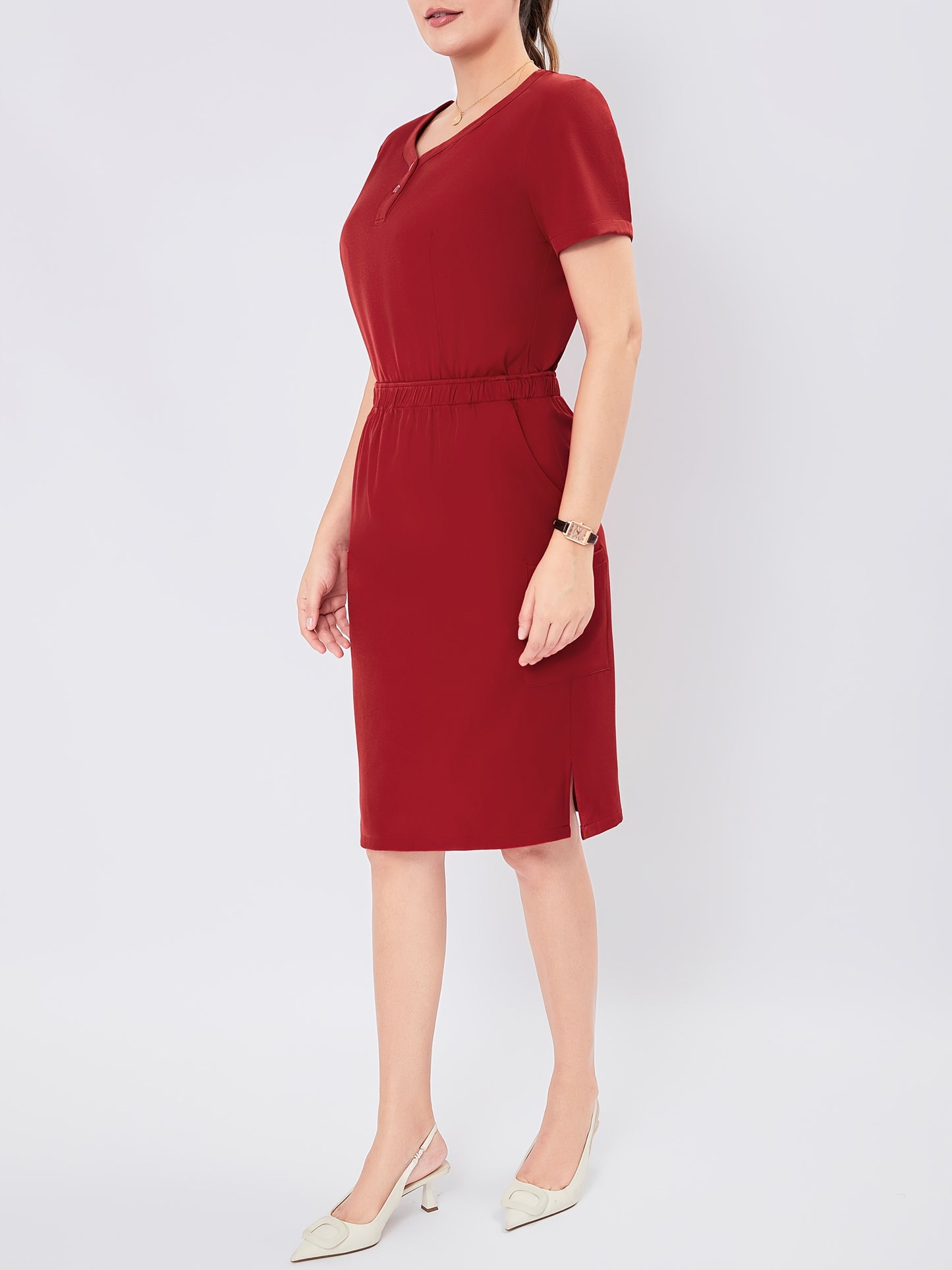 Women's V-Neck Button-Up Scrub Set, Fashionable Short Sleeve Beauty Salon Medical Hand Wash Uniform, Polyester Blend, Casual Style, Regular Fit, Solid Color, Straight Sleeve, Knee-Length Skirt with Pockets, Pullover Top