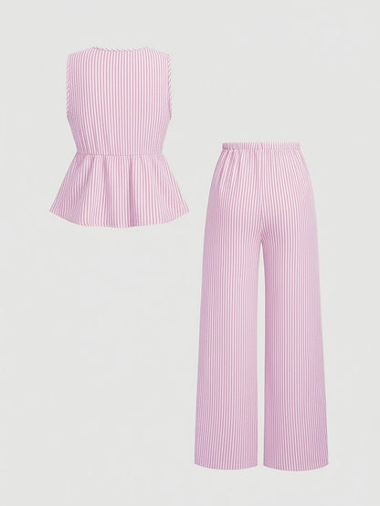 2pcs Women's Summer Tie Front Waist Cinched Sleeveless Top + Wide Leg Pants Set | Minimalist Plaid Design, Ideal for Daily Outings Commuting Dates and Multi-Scene Wear