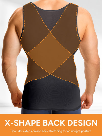Men's High-Elasticity Compression Tank Top - Breathable Tummy Control Shirt with Semi-Sheer -Back, Tight-Fit Sleeveless Shirt Suitable for Gym, Postpartum & Body Shaping, Year-Round Wear